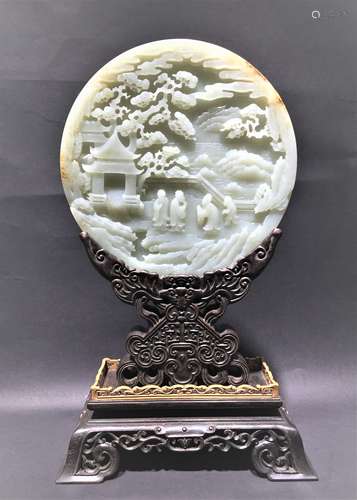 Carved White Jade Circular Table Screen