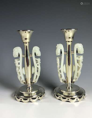 Pair of Silver and Large White Jade Candle Sticks