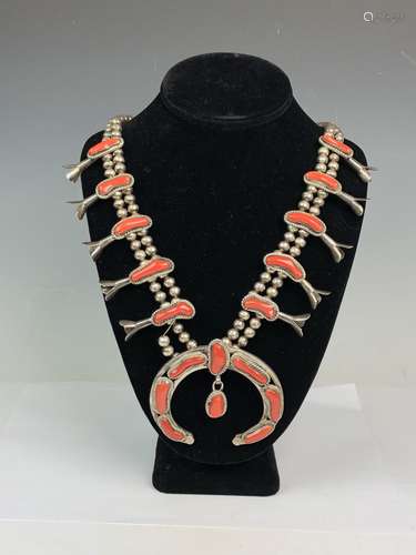 Navajo Indian Silver Red Coral Necklace