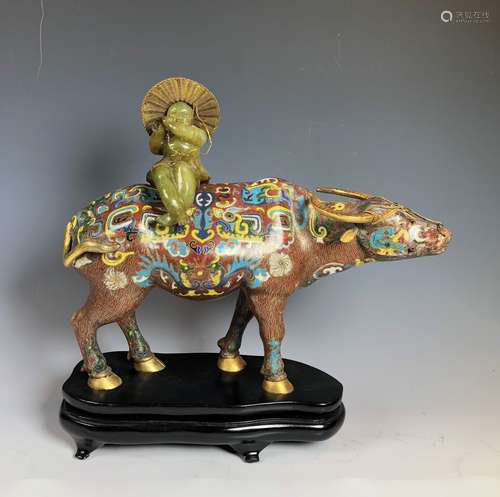 Cloisonne Water Buffalo & Hard Stone Boy In Hat