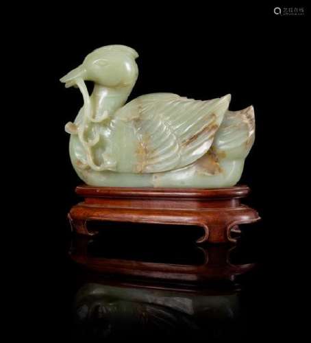 * A Celadon and Russet Jade Figure of a Duck Height 6