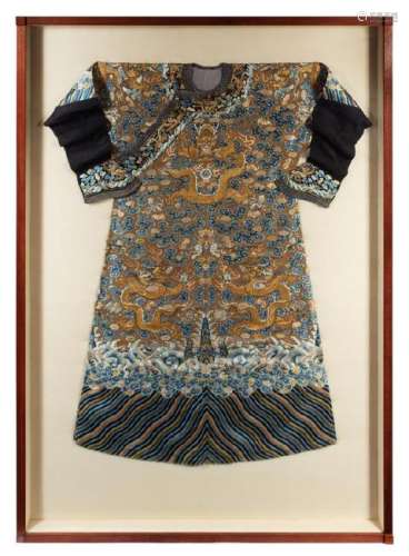 A Chinese Embroidered Silk Brown Ground Dragon Robe,