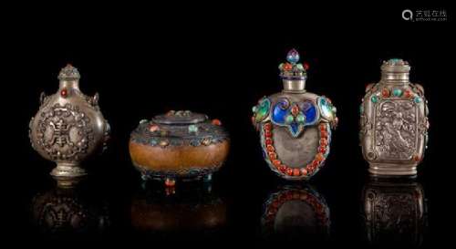 Three Tibetan Hardstone Inset Silver Snuff Bottles