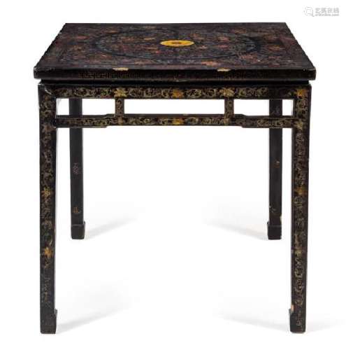 * A Chinese Black and Polychrome Lacquered Hardwood