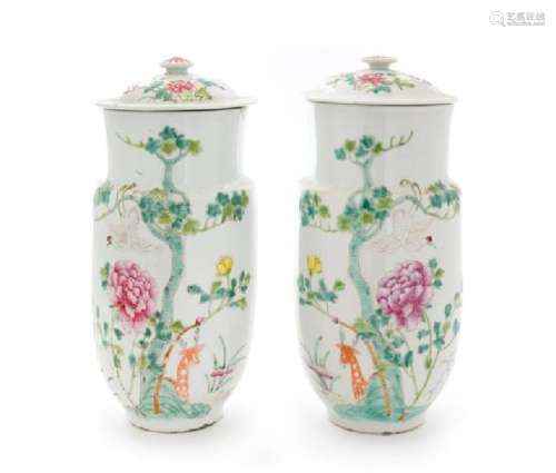 A Pair of Famille Rose Porcelain Covered Jars Height 11