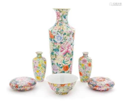 * Six Famille Rose 'Millefleur' Porcelain Articles