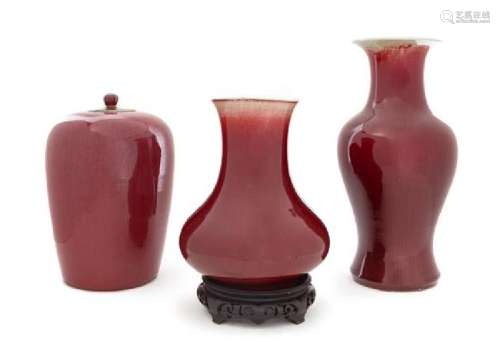 * Three Sang-de-Boeuf Glazed Porcelain Vases Height of