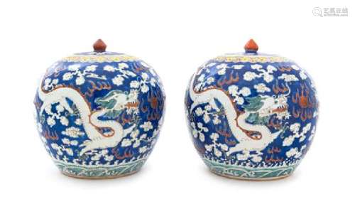 A Pair of Blue Ground Iron Red and Green Decorated