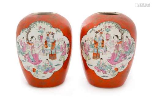 A Pair of Gilt Decorated Coral Red Ground Famille Rose