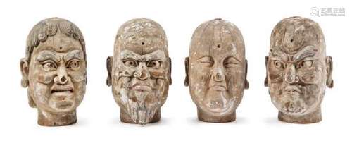 Four Carved Wood Heads of Luohan Height of each 30