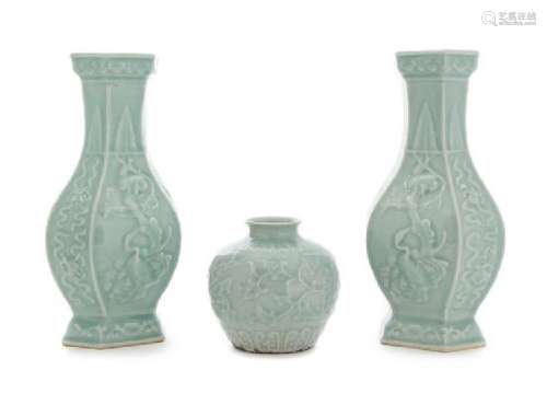 Three Carved Celadon Glazed Porcelain Vessels Height of