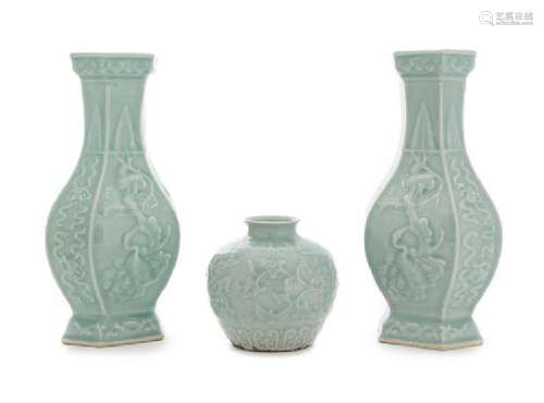 Three Carved Celadon Glazed Porcelain Vessels Height of