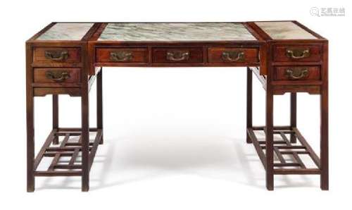 * A Chinese Marble-Inset Hongmu Partner's Desk Shuzhuo