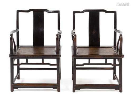 * A Pair of Chinese Black Lacquered Elmwood Official's