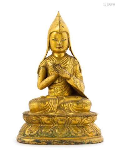 A Sino-Tibetan Gilt Copper Repousse Figure of Tsongkapa