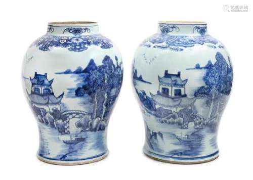 Two Blue and White Porcelain Baluster Jars Height of