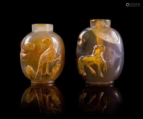 * Two Carved Cameo Agate Snuff Bottles Height of taller
