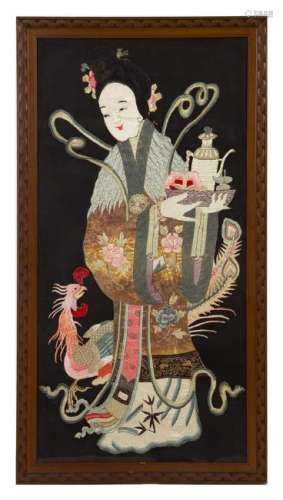A Large Chinese Embroidered Silk Panel Height 63 1/2