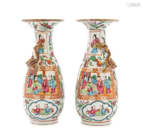 A Pair of Rose Medallion Porcelain Vases Height 10