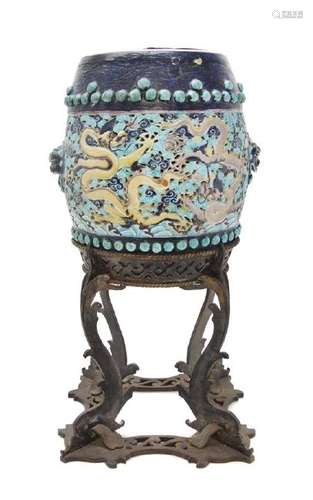 * A Chinese Fahua Porcelain Stool, Gudeng Height 14 3/8