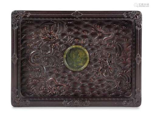 * A Chinese Spinach Jade Inset Zitan Tray, Pan Length