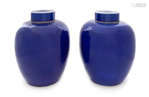 A Large Pair of Blue Glazed Porcelain Covered Jars