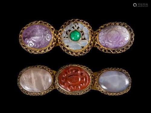 * Two Hardstone Inset Gilt Bronze Belt Buckles Length