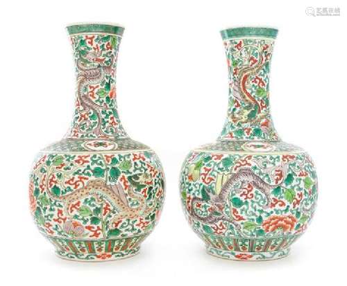 A Pair of Famille Verte Porcelain Vases Height 13 1/4