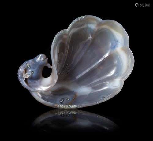 A Mughal-Style Carved Agate Ram-Head Dish Length 7 1/2