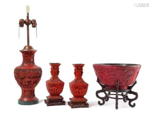 * Four Carved Red Lacquer Articles Height of tallest 14