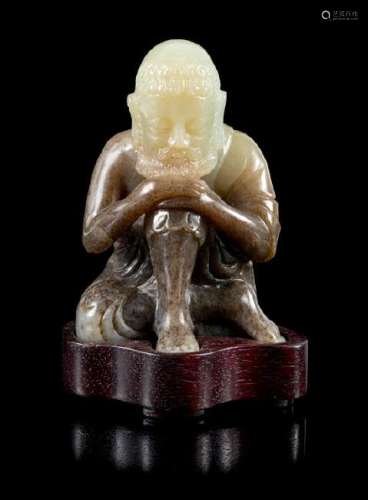 A Black and White Jade Figure of a Damo Height 3 1/2
