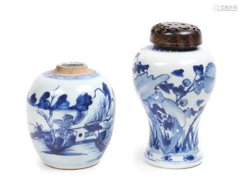 Two Blue and White Porcelain Jars Height of larger 7