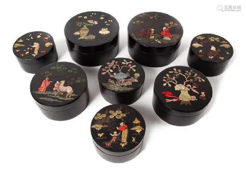 * Eight Hardstone Embellished Lacquer Circular Boxes