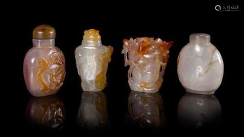 Four Carved Agate Snuff Bottels Height of tallest 3 3/8