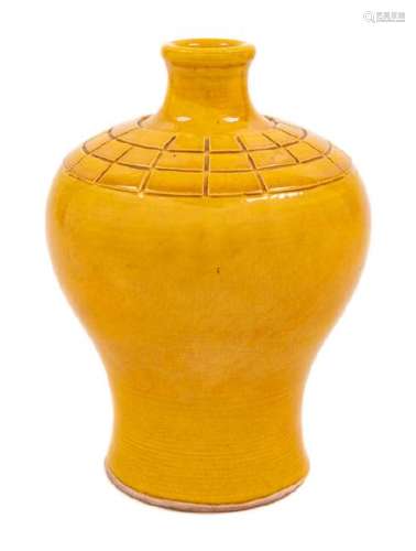 A Carved Yellow Glazed Porcelain Meiping Vase Height 7