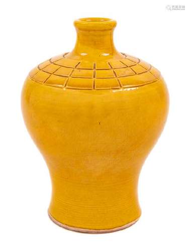 A Carved Yellow Glazed Porcelain Meiping Vase Height 7