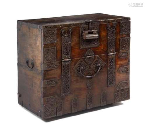 * A Korean Metal Mounted Wood Chest Height 33 1/2 x