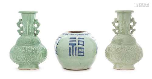* A Matched Pair of Longquan Celadon Porcelain Vases