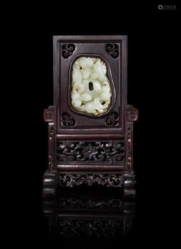 A White Jade Inset Hardwood Table Screen Height 9 1/8