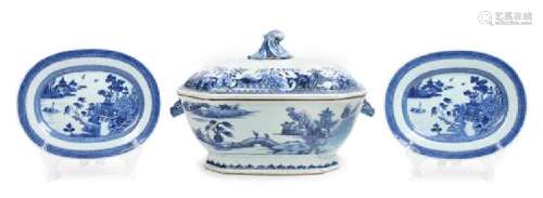 Three Chinese Export Canton Blue and White Porcelain