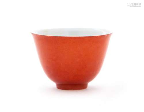 A Red Glazed Porcelain Cup Height 1 3/4 inches.