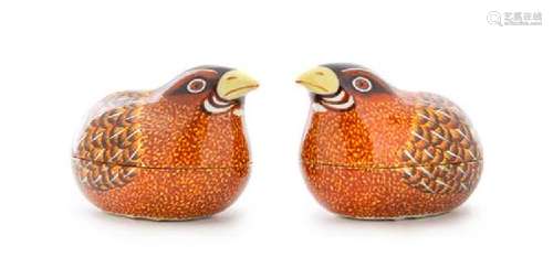 * A Pair of Polychrome Painted Porcelain Quail-Form