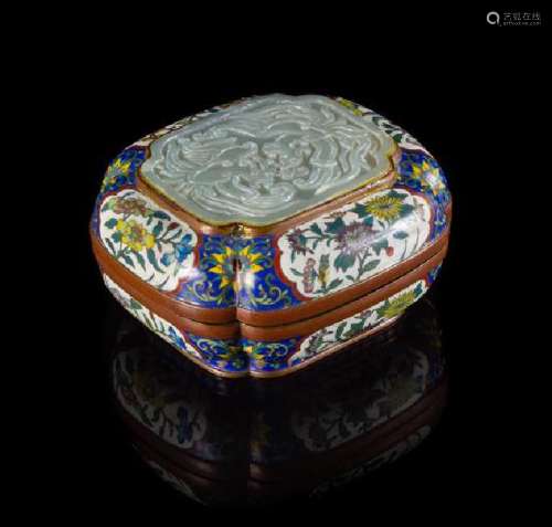 A Celadon Jade Inset Cloisonne Enamel Covered Box