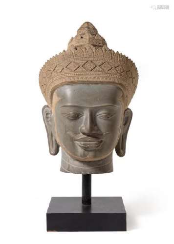 * A Large Cambodian Carved Stone Head of Buddha Height