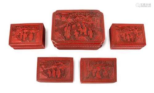 * Five Carved Red Lacquer Boxes Length of largest 8 5/8