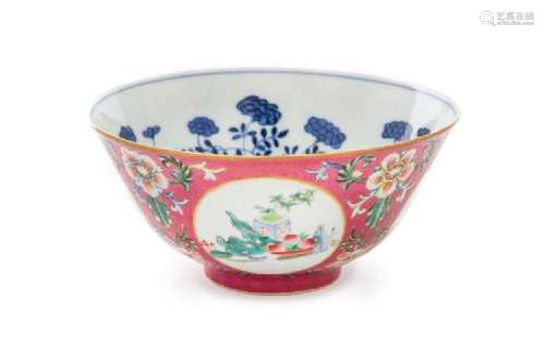 A Ruby-Ground Famille Rose Sgraffiato Porcelain Bowl