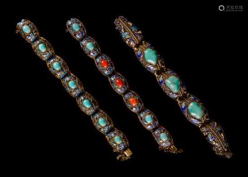 Three Hardstone Inset Gilt Filigree Bracelets Length of