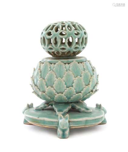 * A Korean Celadon Porcelain Incense Burner Height 7