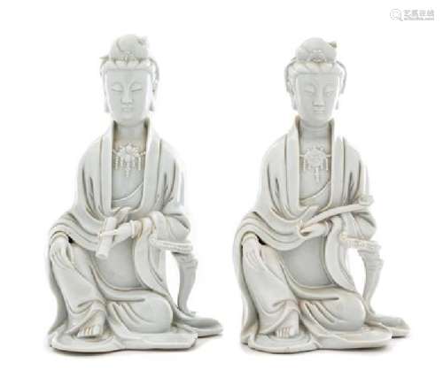 * Two Blanc-de-Chinese Porcelain Figures of Guanyin