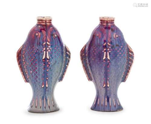* A Pair of Chinese Flambe Porcelain Fish-Form Vases